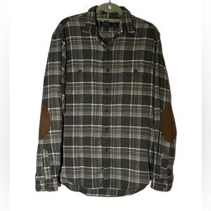 Polo Ralph Lauren Gray Plaid Cotton Elbow Patch Flannel Shirt Size Large